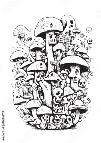 Mushrooms vector doodle illustration, coloring page for adults