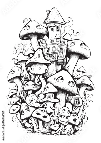 Mushrooms vector doodle illustration, coloring page for adults
