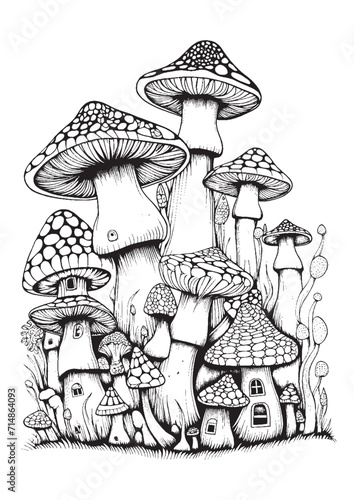 Mushrooms vector doodle illustration, coloring page for adults