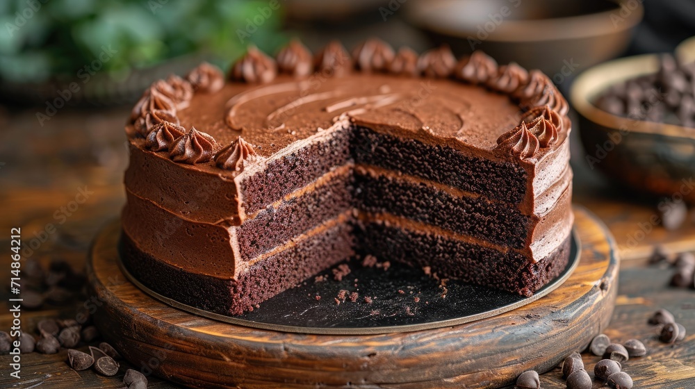 A Gourmet Chocolate Cake with a Single Slice Cut Out, Displayed on an Elegant Cake Stand A Gourmet Chocolate Cake with a Single Slice Cut Out, Displayed on an Elegant Cake Stand