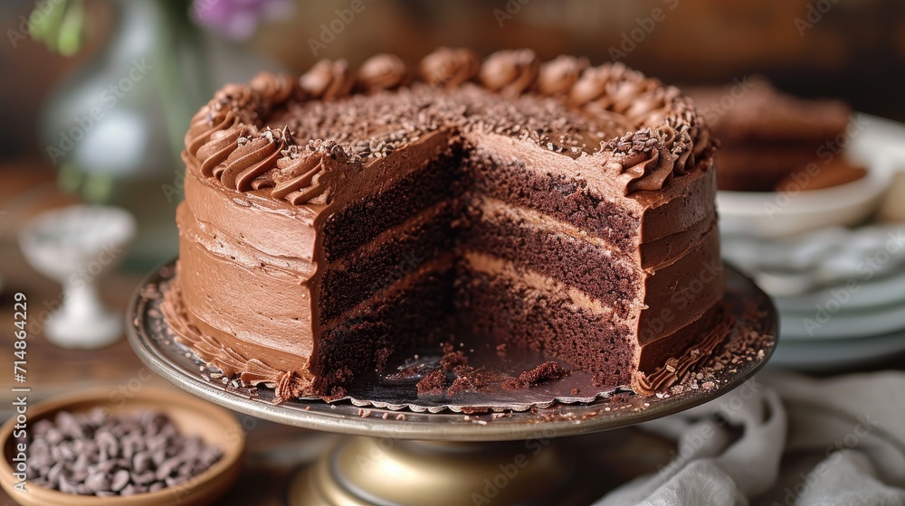A Gourmet Chocolate Cake with a Single Slice Cut Out, Displayed on an Elegant Cake Stand A Gourmet Chocolate Cake with a Single Slice Cut Out, Displayed on an Elegant Cake Stand