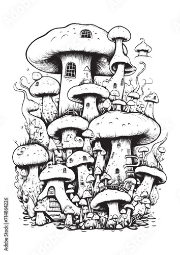 Mushrooms vector doodle illustration, coloring page for adults