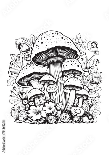 Mushrooms vector doodle illustration, coloring page for adults