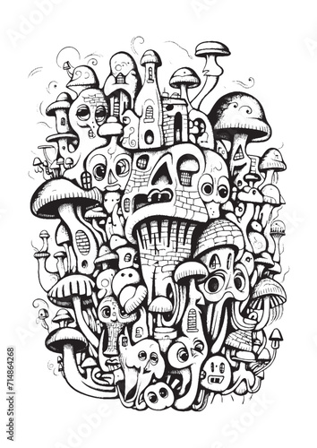 Mushrooms vector doodle illustration, coloring page for adults