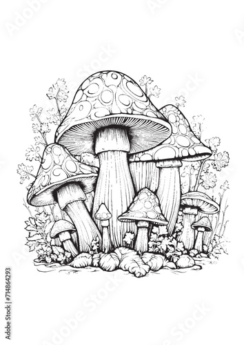 Mushrooms vector doodle illustration, coloring page for adults