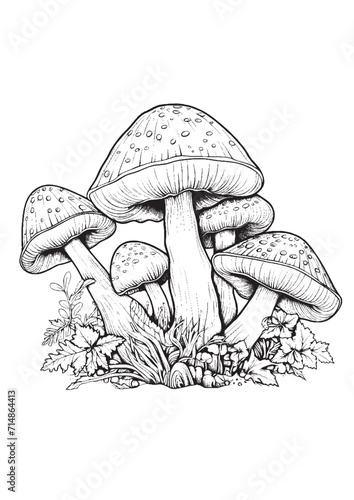 Mushrooms vector doodle illustration, coloring page for adults