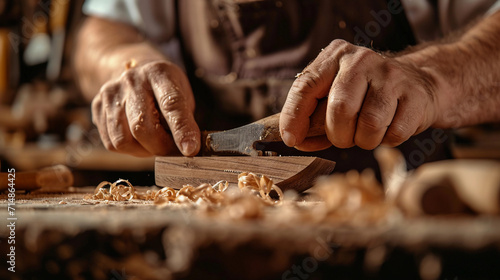  carpenter's hands, intricately shaping a piece of walnut wood with a hand plane. Fine wood shavings curling up, the texture of the wood grain sharply in focus