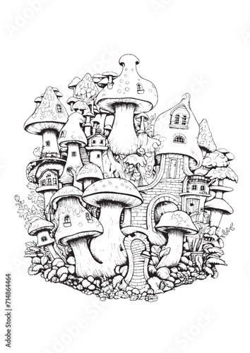 Mushrooms vector doodle illustration, coloring page for adults
