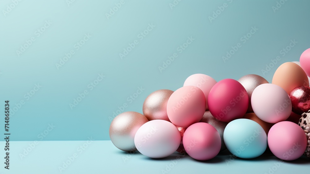 Fototapeta premium Easter quail eggs of various pastel shades with designs and patterns, laid on a pink background along with spring tree flowers. 