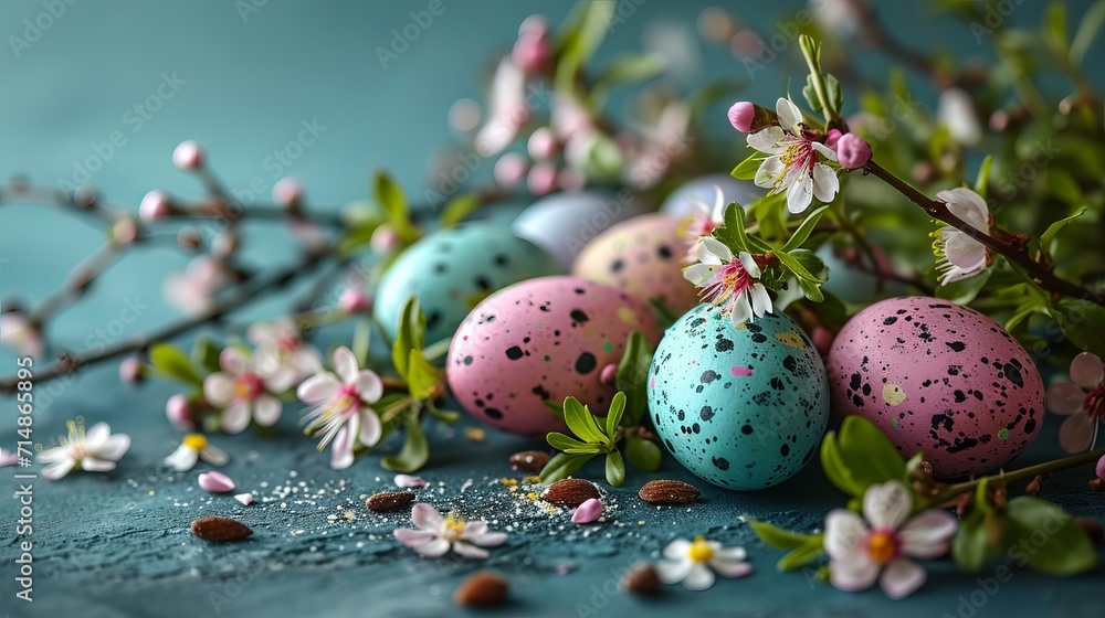 Fototapeta premium painted quail Easter eggs with spotted patterns, located on a dark stone background among spring flowers and green twigs.