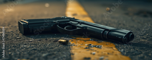 Gun lying on the ground, crime scene photo