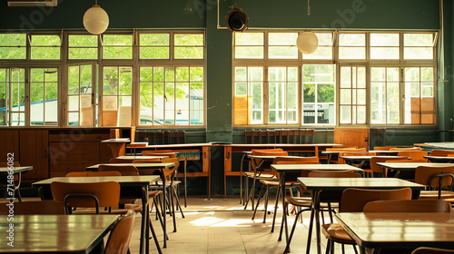 Vintage school classroom, style of the 60s of the 20th century. Wooden tables and chairs in an empty classroom.