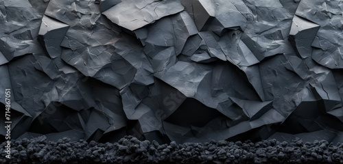 Rugged black abstract geometric shapes with a stone-like texture on a dark base. photo