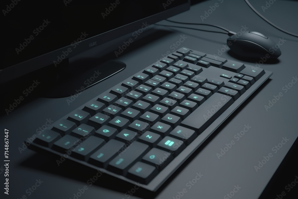 Modern keyboard and mouse on a dark desk with soft backlighting, technology workspace concept. Modern keyboard and mouse on a dark desk with soft backlighting, technology workspace concept.