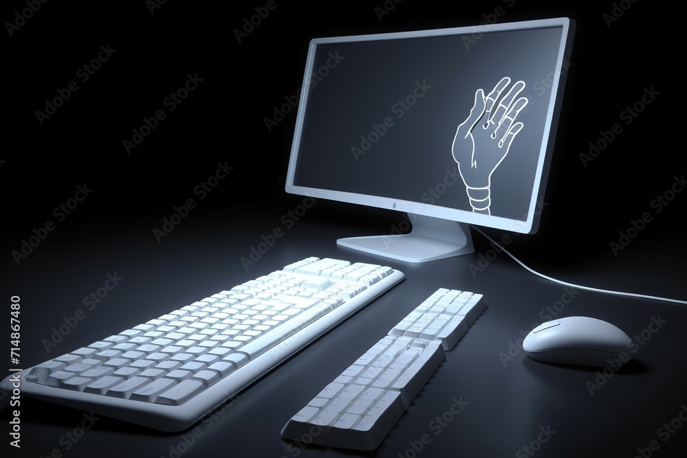 3D illustration of a computer with a hand reaching out from the screen, symbolizing virtual assistance or AI technology. 3D illustration of a computer with a hand reaching out from the screen, symbolizing virtual assistance or AI technology.