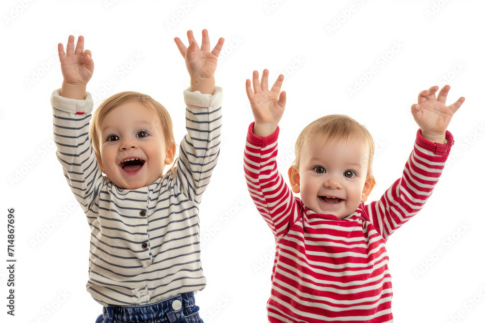 Happy funny child with raised hands, joyful. Isolated on a white background. Happy funny child with raised hands, joyful. Isolated on a white background.