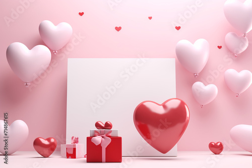 Valentine's day, love concept background, pink and white 3d heart shaped balloons bouquet floating 