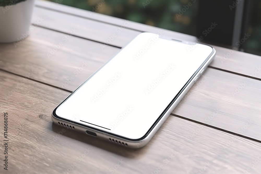 Modern smartphone with blank screen on wooden table, minimalist workspace concept. Modern smartphone with blank screen on wooden table, minimalist workspace concept.