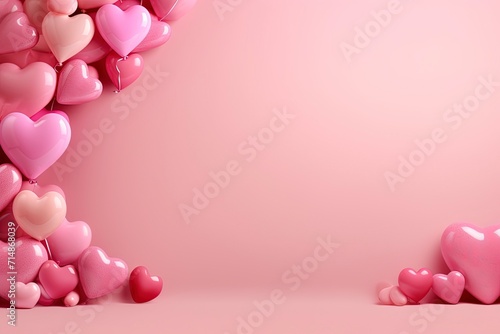 pink back with pink hearts and pink baloons with copy space in the center with generative ai