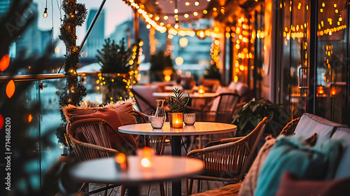 Outdoor restaurant ambiance at night, blending city lights with a relaxing dining atmosphere