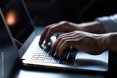 Close-up of hands typing on a laptop keyboard in low light.