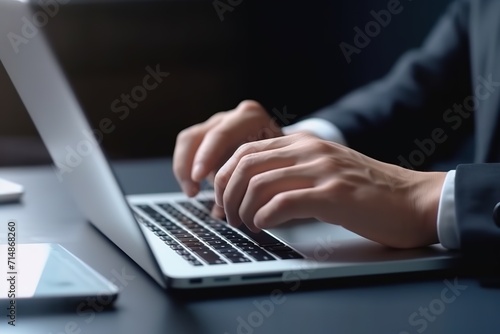 Close-up of a professional's hands typing on a laptop keyboard with a smartphone beside on a dark desk.