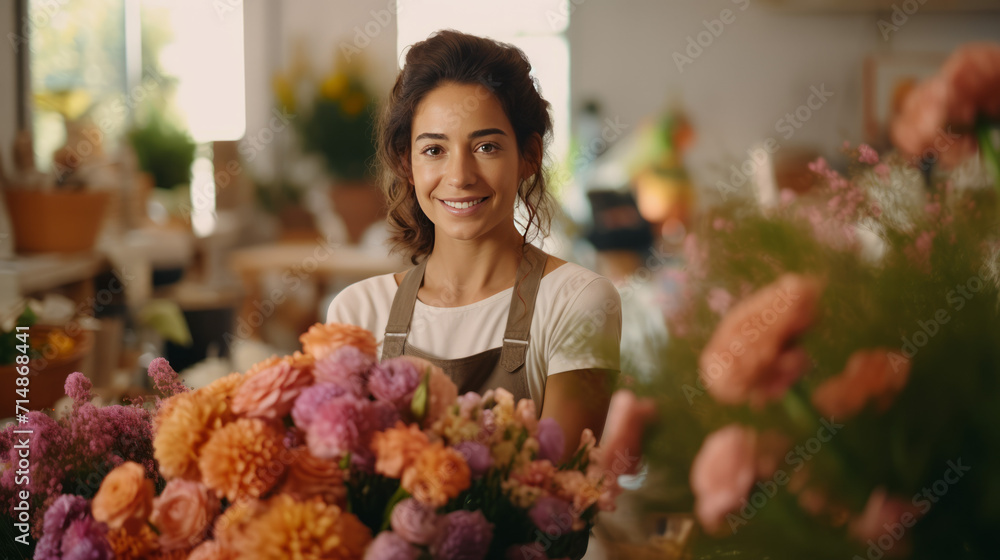 A woman florist arranges a bouquet in a flower shop.