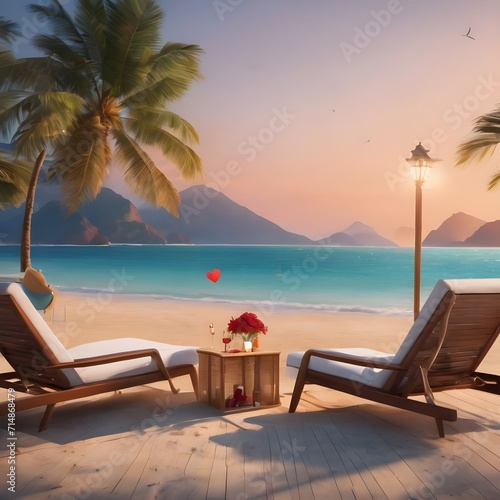 Illustration of Valentine card,heart,wine and gift on summer beach resort background. Honeymoon. Tourism © muhammad yaseen