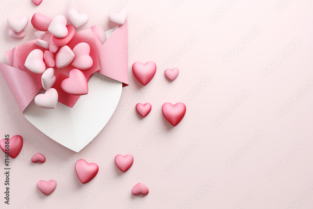 Valentine's day, love concept background, pink and white 3d heart shaped balloons bouquet floating
