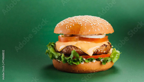 A tasty hamburger topped with cheese, lettuce, and tomato on a green background. Ideal for the menu photo!