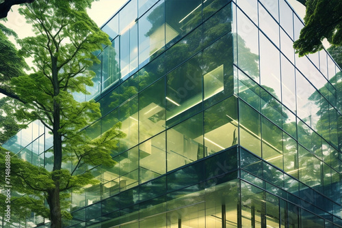 Eco-friendly structures in the modern city. Green glass office building with a tree to cut carbon dioxide and heat. An office building surrounded by greenery.