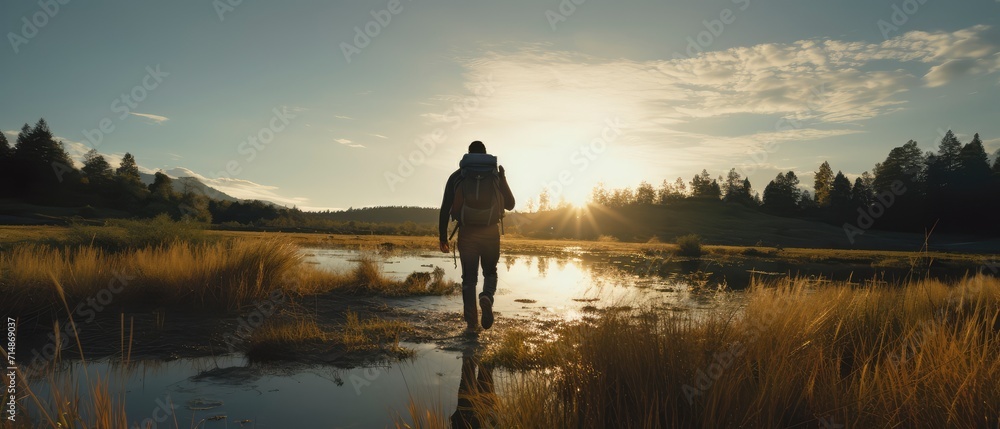 Person Walking Through Field at Sunset, Peaceful and Serene Nature Scene Person Walking Through Field at Sunset, Peaceful and Serene Nature Scene