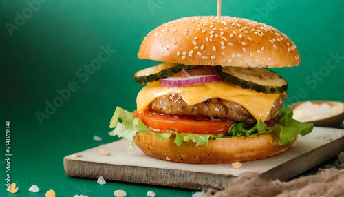 Yummy burger with cheese, lettuce, and tomato on a green background. A mouthwatering photo for the menu!