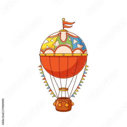 Hot Air Balloon with Colorful Flags and Basket. Large Aircraft Filled With Hot Air, Enabling It To Rise And Float