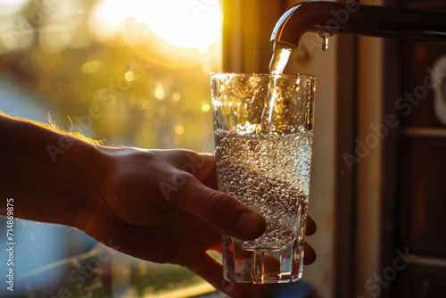 Pouring water, filling glass with water from tap in kitchen.