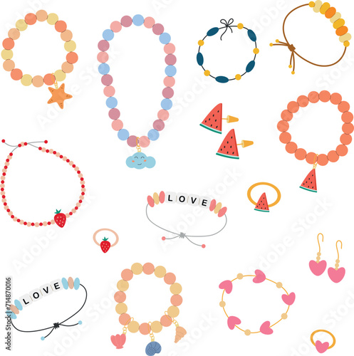 Vector set of cute bracelets, rings and necklaces, cartoon jewelry set for girls