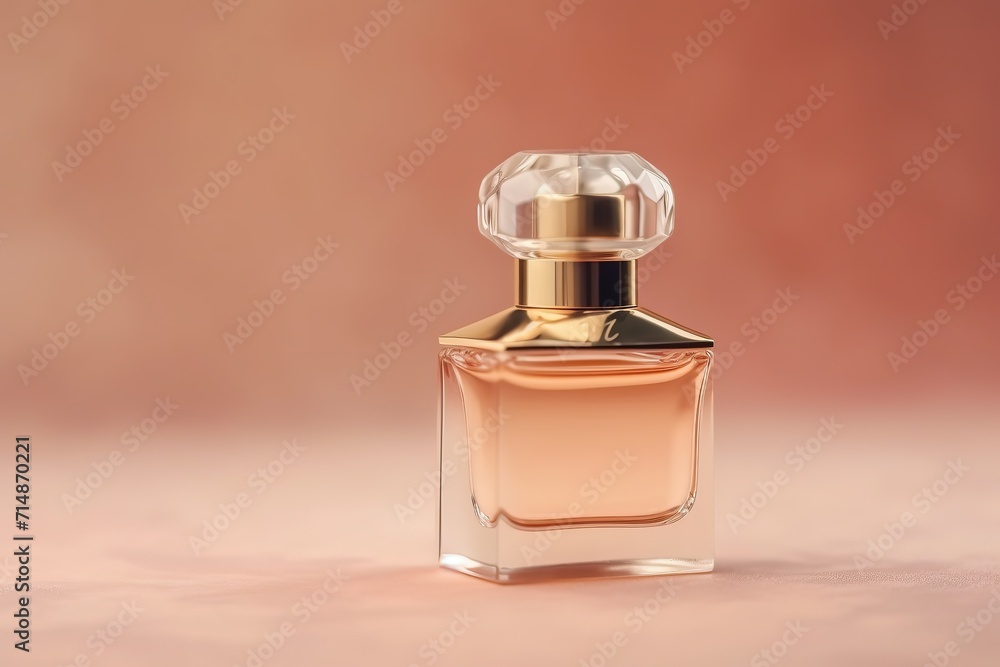 Elegant perfume bottle on a soft peach background with space for text. Elegant perfume bottle on a soft peach background with space for text.
