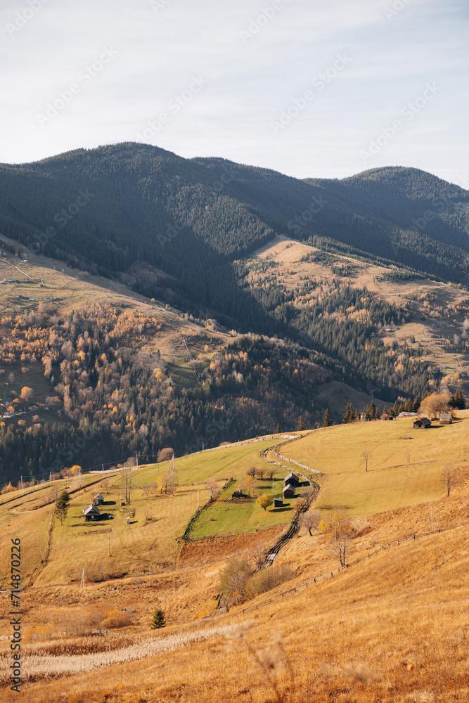 landscape of autumn mountains. a village in the mountains. tourism in the mountains. autumn Carpathians. the beauty of the Ukrainian Carpathians