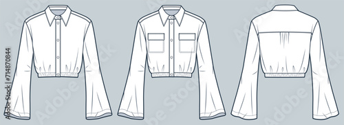 Bell Sleeve Shirt technical fashion Illustration. Cropped Shirt fashion technical drawing template, button-up, elastic waistband, pocket, front, back view, white, women, men, unisex CAD mockup set.