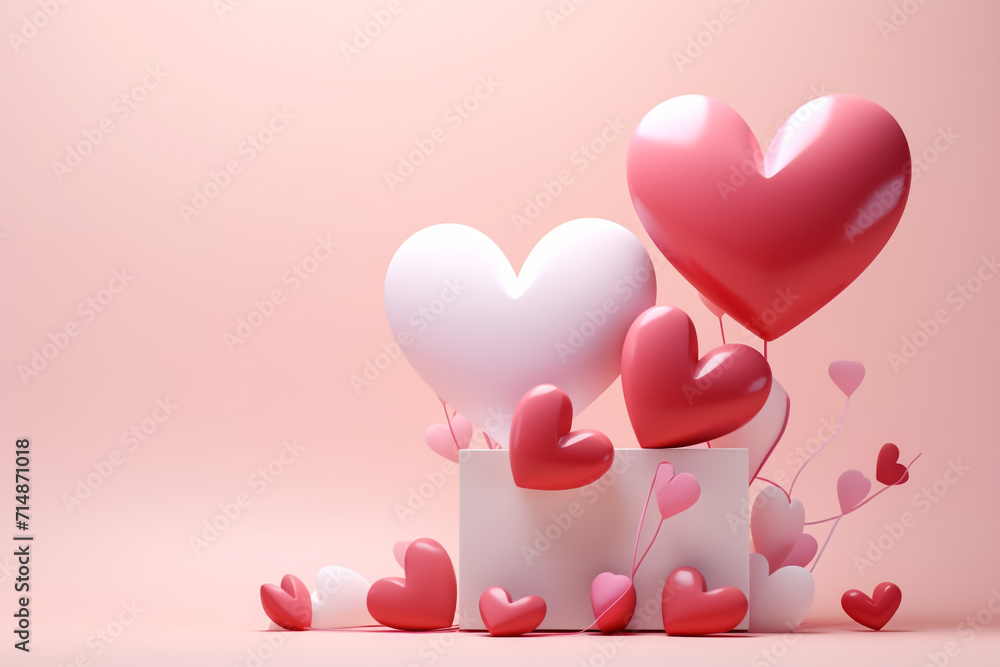 Valentine's day, love concept background, pink and white 3d heart shaped balloons bouquet floating
