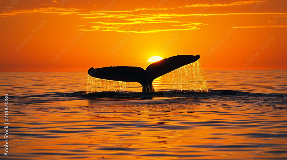Silhouetted against a fiery sunset on the horizon, a graceful blue whale glides effortlessly through calm waters. The warm hues of the sky accentuate the enormity and beauty of thi