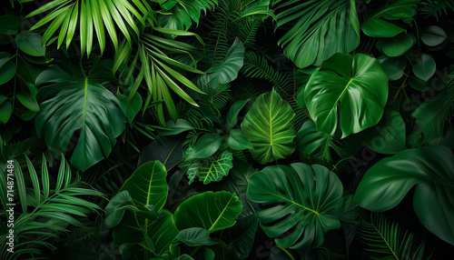 A lush tapestry of tropical leaves in various shapes and shades of green, creating a vibrant and textured natural pattern.
