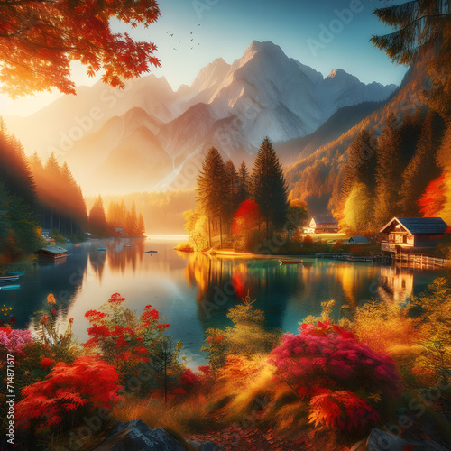 Dreamy Lake View With A Floating Island Adorned Flowers And Charming House. Small Fresh Lawn Lakeside Island Blue Sky Background. Small Village Beside River photo