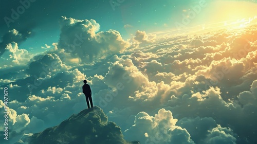 Conceptual image of businesswoman standing on top of cloud and looking ahead photo