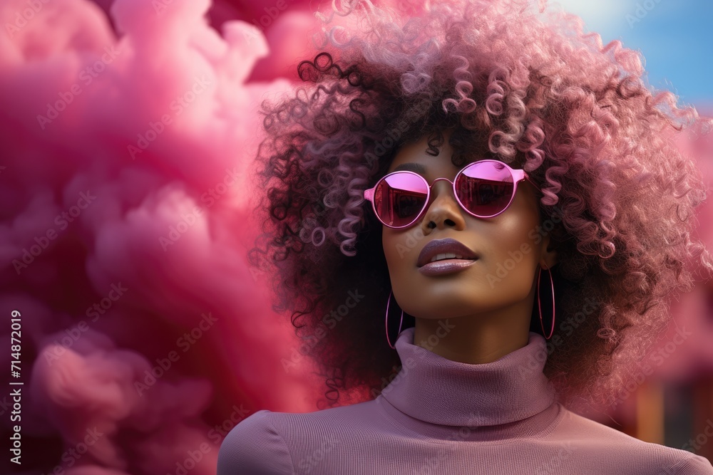 A girl with a vibrant pink hairpiece and stylish sunglasses adds a touch of playful femininity to her outdoor outfit, exuding confidence and individuality with her bold jheri curl and striking lip co A girl with a vibrant pink hairpiece and stylish sunglasses adds a touch of playful femininity to her outdoor outfit, exuding confidence and individuality with her bold jheri curl and striking lip co