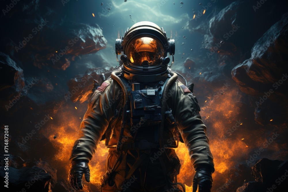 A lone astronaut in a sleek space suit, helmet reflecting the digital compositing of the vast unknown, embarks on a perilous journey through the depths of space in this heart-pumping action-adventure