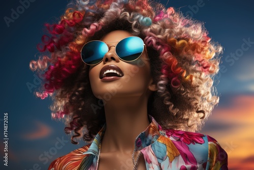 A stylish woman with a vibrant jheri curl and trendy sunglasses stands confidently under the clear blue sky, showcasing her unique fashion sense and bold personality