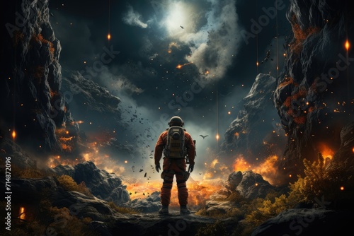 Venture into a mesmerizing world of adventure as a lone traveler in an orange suit navigates the mystical night sky above a rugged landscape in this thrilling pc game photo