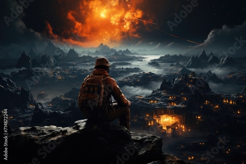 Amidst the rugged mountain landscape, a lone figure perched upon a rock gazes in awe at the fiery explosion erupting from the distant volcano, as the night sky is illuminated by the intense heat and 