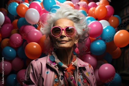 A radiant woman exudes joy and style, surrounded by a playful pile of colorful balloons, adorned with pink sunglasses and earrings, adding a touch of whimsy to her already infectious smile